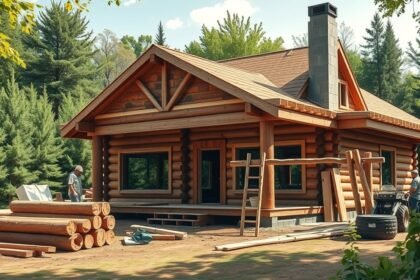 Rönkház építése folyamatban, fák között álló építkezés