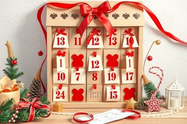 Kreatív saját készítésű adventi naptár karácsonyi dekorációval.