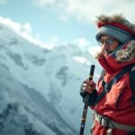 Hegyi túrázó serpa piros kabátban, hegyek között