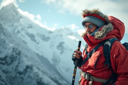 Hegyi túrázó serpa piros kabátban, hegyek között