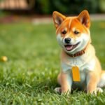 Shiba Inu kutya ül a fűben, címkével a nyakában