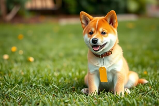 Shiba Inu kutya ül a fűben, címkével a nyakában