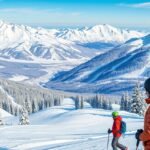 Síelés a gyönyörű hegyvidéken, hóval borított tájban.