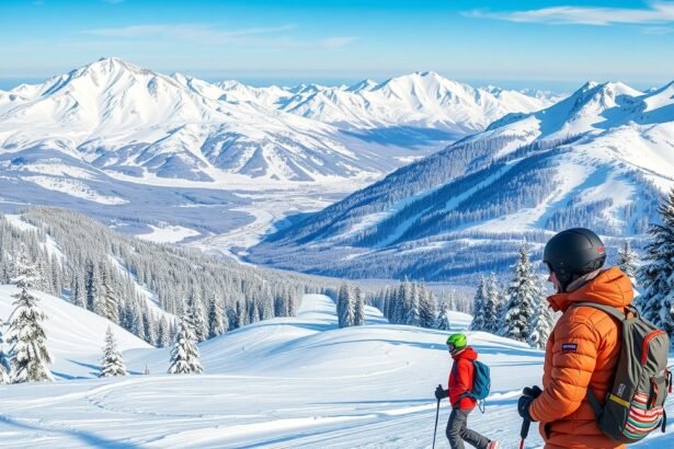 Síelés a gyönyörű hegyvidéken, hóval borított tájban.