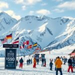 Síelők a hóval borított hegyek között, síbérletek árai kiírva.