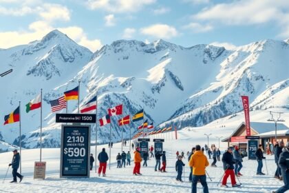 Síelők a hóval borított hegyek között, síbérletek árai kiírva.