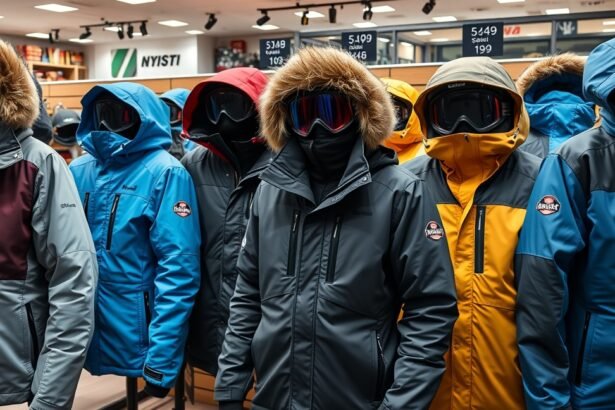 Síeléshez készült különböző színű síkabátok boltban