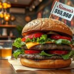 Simon’s burger friss alapanyagokból, két húspogácsával és zöldségekkel.