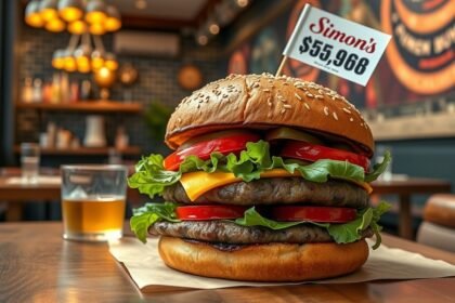 Simon’s burger friss alapanyagokból, két húspogácsával és zöldségekkel.