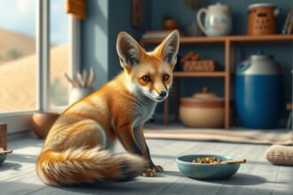 Sivatagi róka egy otthoni környezetben, étkezés közben.