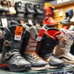 Különböző snowboard bakancsok sportboltban árakkal