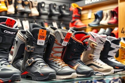 Különböző snowboard bakancsok sportboltban árakkal