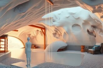 Modern sóbarlang belső tér medencével és nyugággyal.