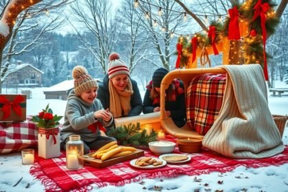 Családi szabadtéri karácsonyi piknik hóesésben