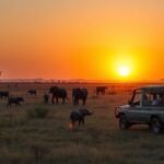 Dél-afrikai szafari naplemente, elefántokkal és terepjáróval.