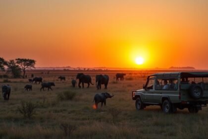 Dél-afrikai szafari naplemente, elefántokkal és terepjáróval.