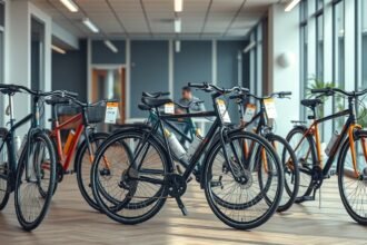 Kerékpárok kiállítva egy boltban, árjegyzékkel