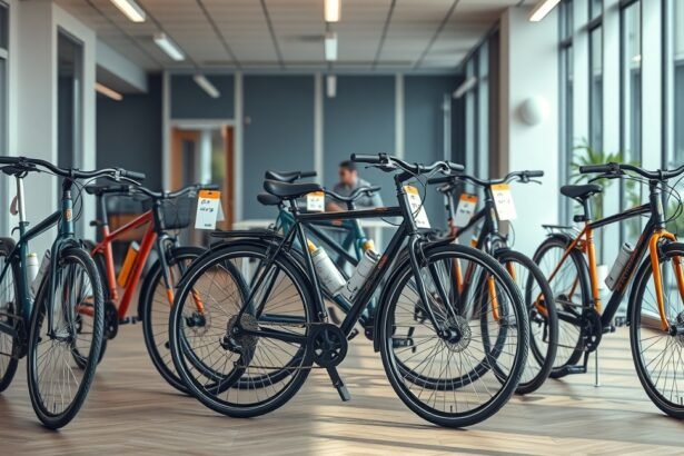 Kerékpárok kiállítva egy boltban, árjegyzékkel