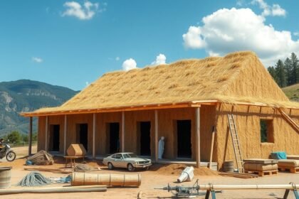 Szalmabála ház építése természetes környezetben.