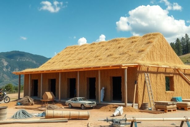 Szalmabála ház építése természetes környezetben.