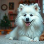 Boldog szamojéd kutya pihen egy barátságos környezetben