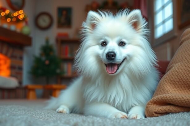 Boldog szamojéd kutya pihen egy barátságos környezetben