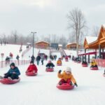 Gyerekek szánkóznak egy téli szánkópályán, hóval borított tájon.