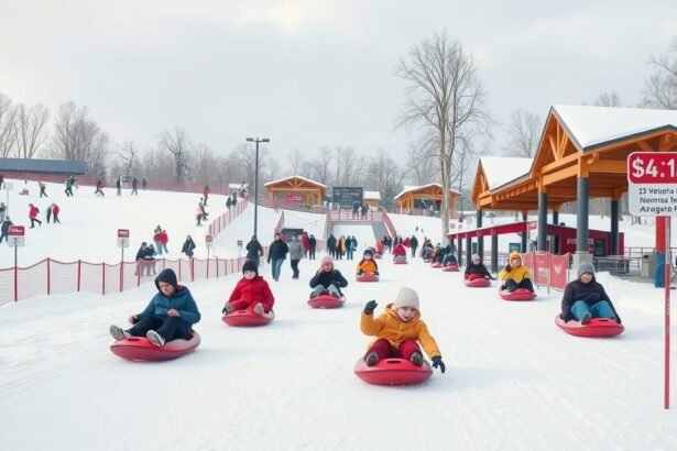 Gyerekek szánkóznak egy téli szánkópályán, hóval borított tájon.