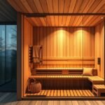Modern szauna, fából készült belső térrel és világítással