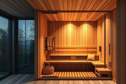 Modern szauna, fából készült belső térrel és világítással