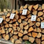 Tűzifák különböző árakkal és méretekkel egy fából készült tárolóhelyen.