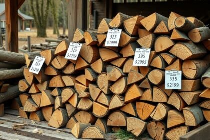 Tűzifák különböző árakkal és méretekkel egy fából készült tárolóhelyen.