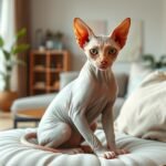 Szfinx macska ül egy kényelmes kanapén.