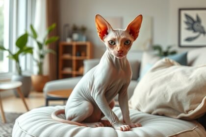 Szfinx macska ül egy kényelmes kanapén.