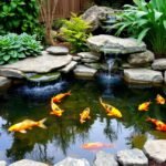 Színes koi halak egy szépen berendezett kerti tóban
