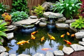 Színes koi halak egy szépen berendezett kerti tóban