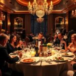 Elegáns szilveszteri buli étteremben, ínycsiklandó ételekkel és italokkal.