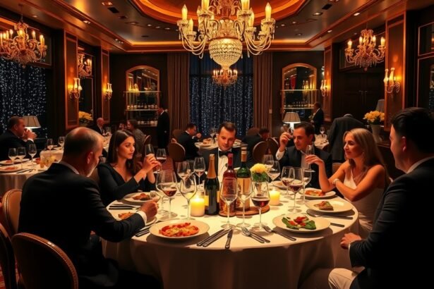 Elegáns szilveszteri buli étteremben, ínycsiklandó ételekkel és italokkal.