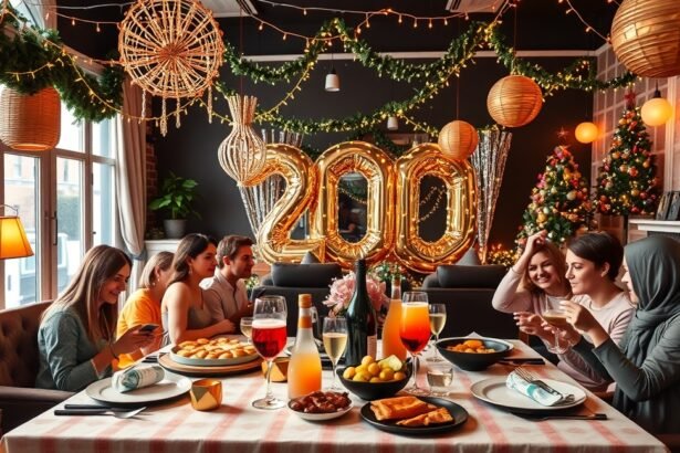 Szilveszteri buli 30 fő számára ünnepi dekorációval és ételekkel.