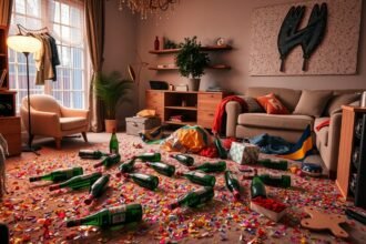 Takarításra váró szilveszteri buli utáni lakótér