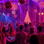 Szilveszteri buli DJ-vel és ünneplő tömeggel.