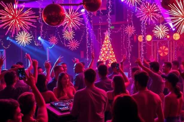 Szilveszteri buli DJ-vel és ünneplő tömeggel.