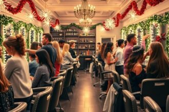 Fodrászat szilveszteri frizurákkal és díszítéssel.