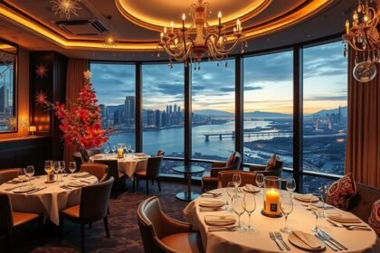 Elegáns szilveszteri vacsora kilátással a városra.