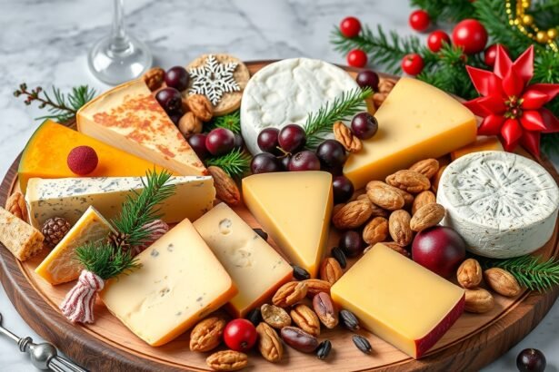 Karácsonyi sajttál diófélékkel és gyümölcsökkel.