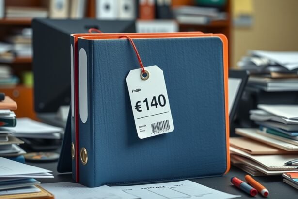 Emelőkaros iratrendező mappa árcímkével az irodában.