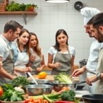 Kezdők főzőtanfolyamon, ahol szakács mutat be technikákat.