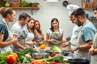 Kezdők főzőtanfolyamon, ahol szakács mutat be technikákat.