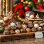 Kézműves karácsonyi csokoládék díszes tálcán, ünnepi háttérrel.
