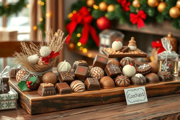 Kézműves karácsonyi csokoládék díszes tálcán, ünnepi háttérrel.